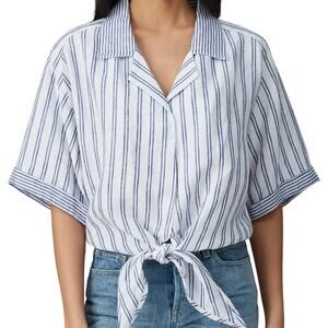 Fifteen Twenty Women's White Contrast Tie Knot Top Medium Blue Stripe Linen